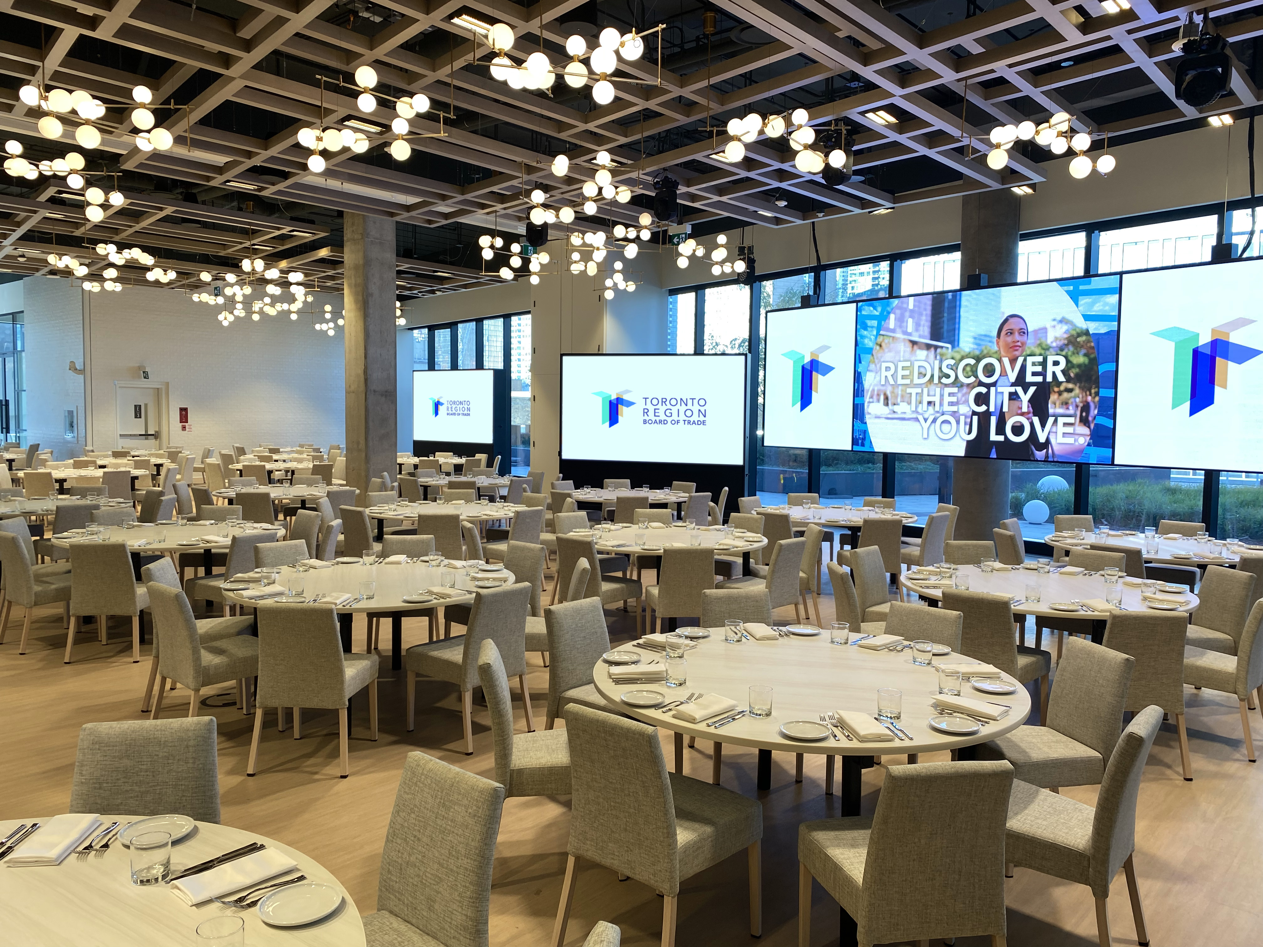 The Gala Hall set up for an event with tables set